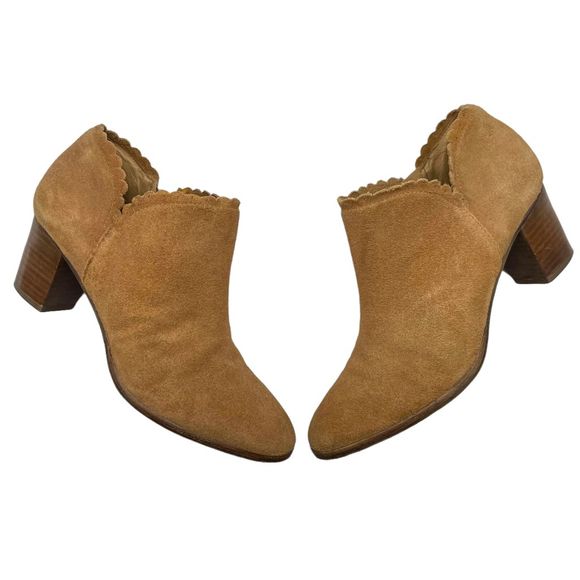 Jack Rogers Marianne Suede Scallop Trim Heeled Ankle Bootie Tan - Picture 3 of 14